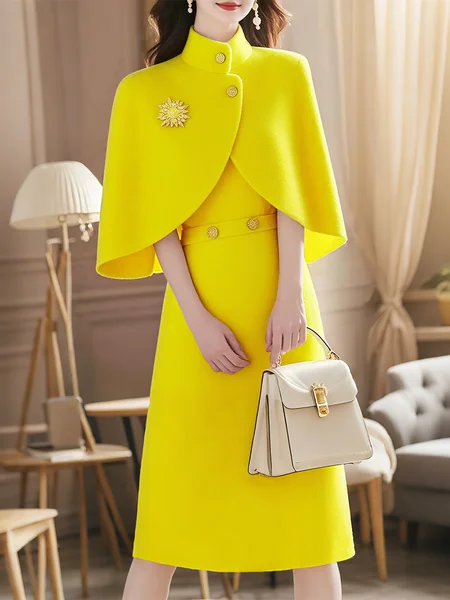 Elegant Plain Buttoned Stand Collar Knee Length Sweater Dress With Brooch