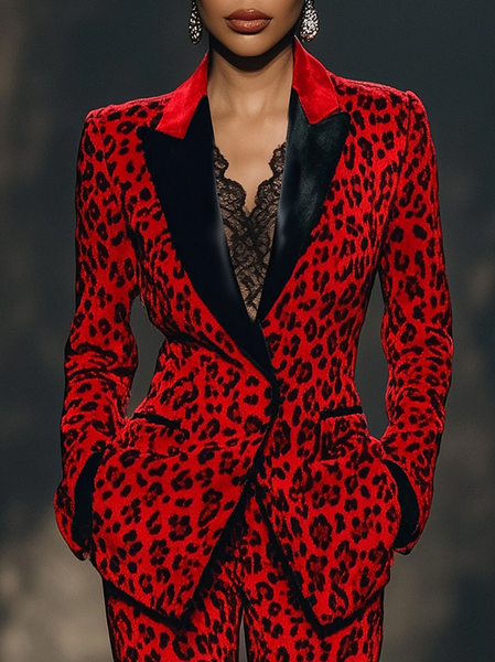 

Urban Buttoned Leopard Lapel Collar Blazer, Red, Blazers