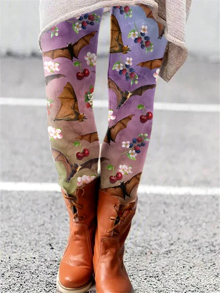 

Halloween Women Cute Ghost Print Vintage All Season Long Leggings, Purple, Pants