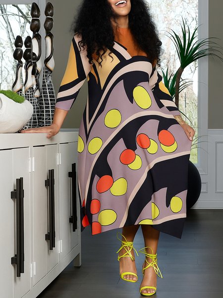 

Casual Geometric Printing Crew Neck Midi Dress, As picture, Midi Dresses