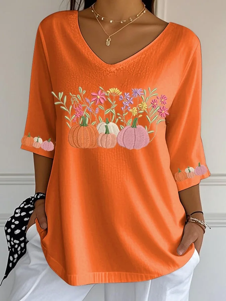 

Casual Floral V Neck Three Quarter Sleeve T-shirt, Orange, T-shirts