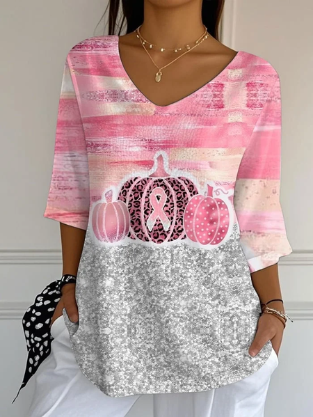 

Women Halloween Pumpkin Pink Ribbon Three Quarter Sleeve Tee T-shirt V Neck Printing Festival Spring/Fall Graphic Tee Top, T-Shirts