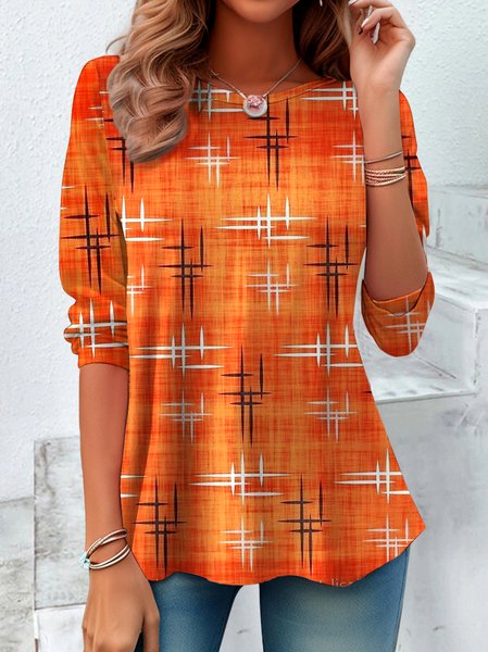 

Women Geometric Long Sleeve Tee T-shirt Crew Neck Vintage Spring/Fall Top, Orange, T-Shirts