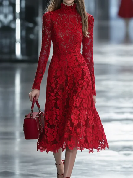 Elegant Plain Stand Collar Midi Dress