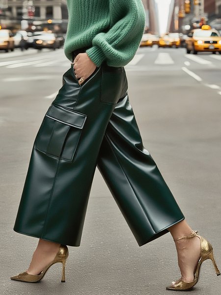 

Urban Plain Cargo Pockets Faux Leather Pants, Dark green, Pants