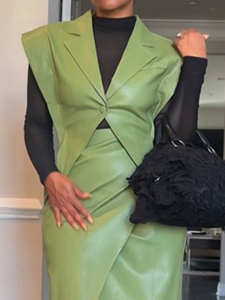 

Urban Plain Lapel Collar Faux Leather Coat, Green, Jackets