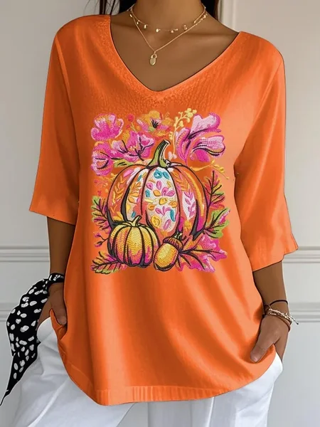 

Women Halloween Pumpkin Orange Floral Three Quarter Sleeve Tee T-shirt V Neck Printing Festival Spring/Fall Graphic Tee Top, T-Shirts