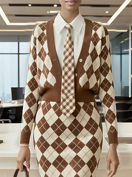 

Yarn/Wool Yarn Urban Plaid Sweater Cardigan No Tie, Brown, Cardigans