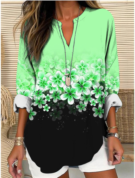 

Shawl Collar Half Sleeve Floral Regular Loose Blouse For Women, Green, Blouses