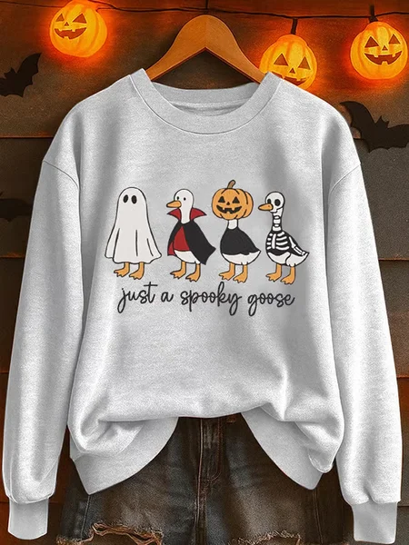 

Halloween Just A Spooky Goose Print Crew Neck Comfy Sweatshirt, White, Hoodies & Sweatshirts