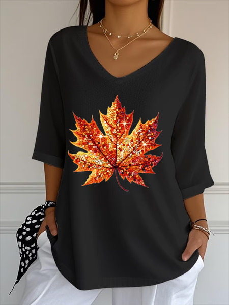 

Women Maple Leaf Three Quarter Sleeve Tee T-shirt V Neck Printing Casual Spring/Fall Graphic Tee Top, Black, T-Shirts