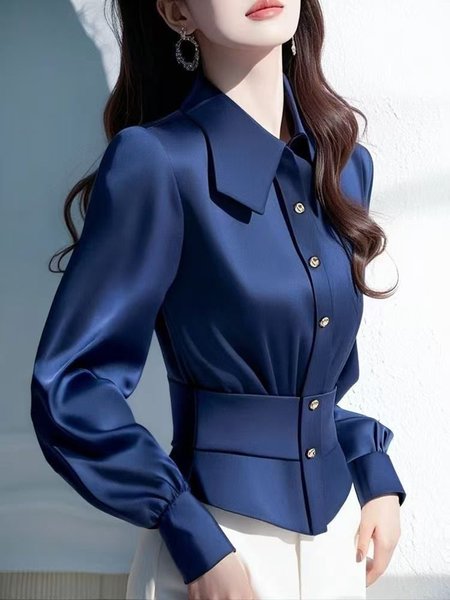 

Satin Urban Plain Buttoned Shirt Collar Shirt, Blue, Blouses and Shirts