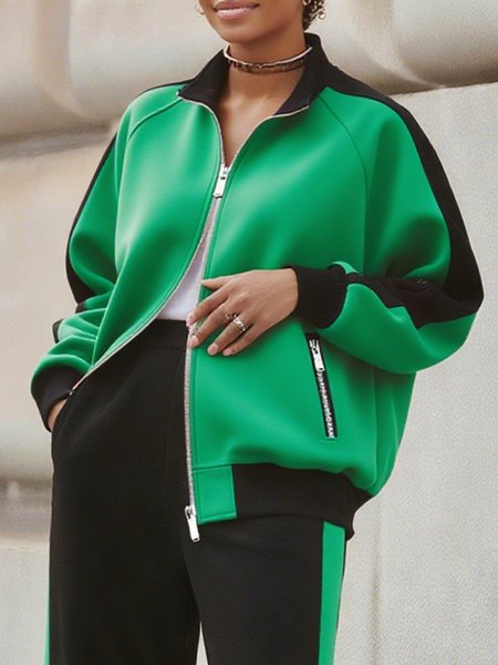 

Casual Zipper Color Block Shawl Collar Jacket, Green, Jackets