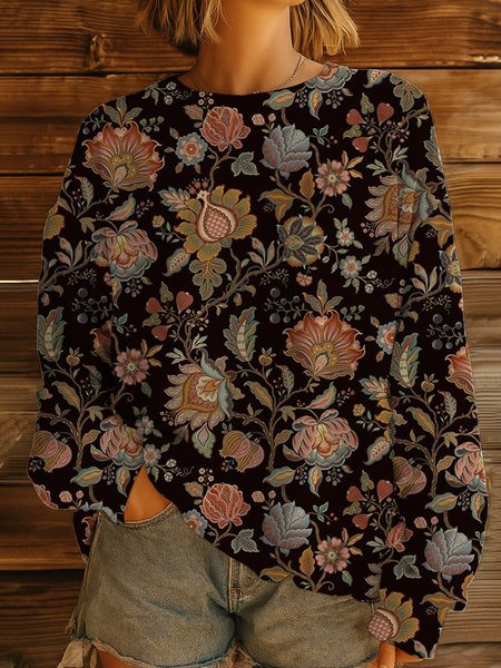

Vintage Floral Crew Neck Long Sleeve T-shirt, Black, Sweaters