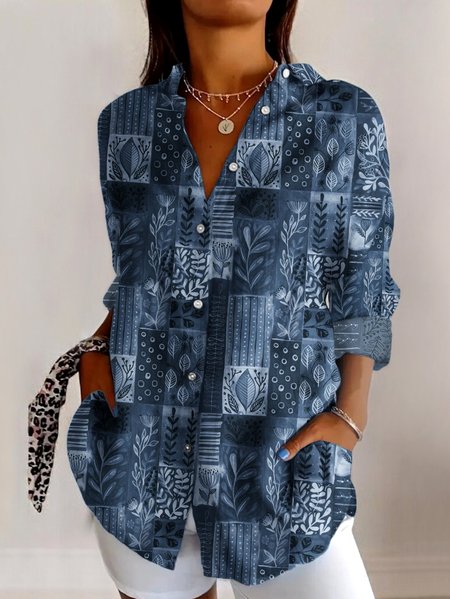 

V Neck Long Sleeve Floral Regular Micro-Elasticity Regular Fit Shirt For Women, Blue, Shirts