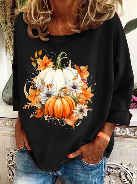 Women Halloween Pumpkin Floral Long Sleeve Tee T-shirt Crew Neck Festival Spring/Fall Graphic Top