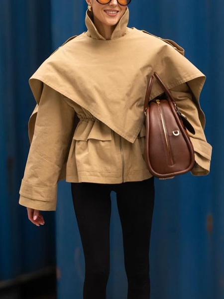

Urban Plain Shirt Collar Trench Coat, Khaki, Trench Coats
