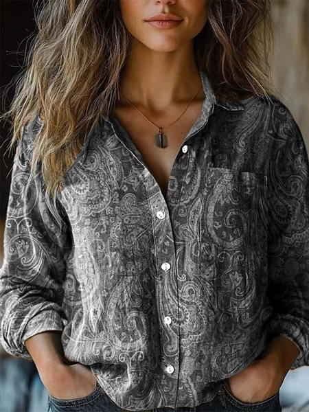 

Paisley Shawl Collar Loose Casual Shirt, Deep gray, Blouses