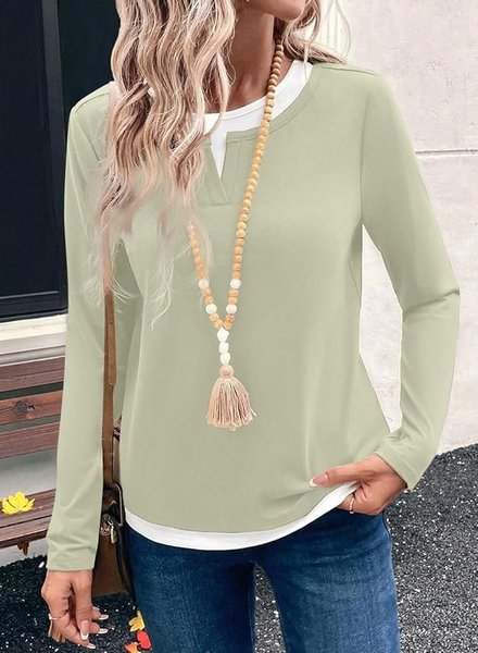

Women Color Block V Neck Casual Long Sleeve T-shirt, Lightgreen, Long Sleeves