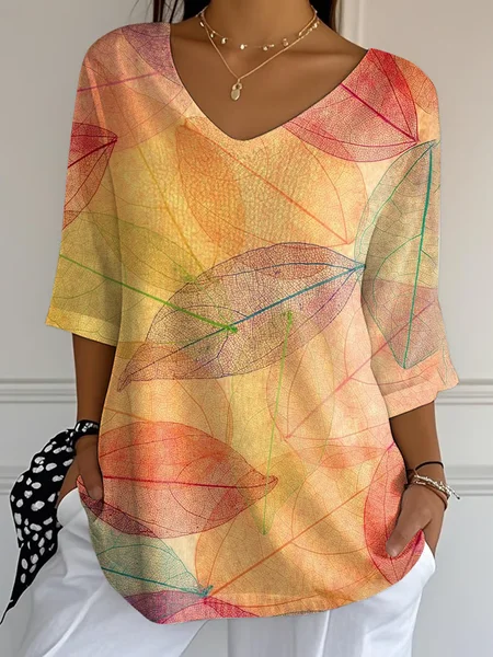 

Women Leaf Three Quarter Sleeve Tee T-shirt V Neck Printing Casual Spring/Fall Graphic Tee Top, Orange, T-Shirts