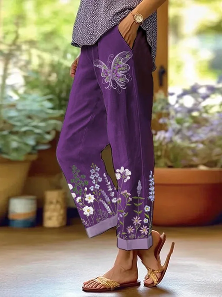 

Women Floral Long Pants Casual Spring/Fall Trousers, Purple, Pants