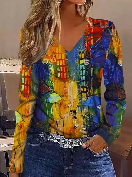 

Women Abstract Long Sleeve Tee T-shirt V Neck Printing Casual Spring/Fall Graphic Tee Top, As picture, T-Shirts