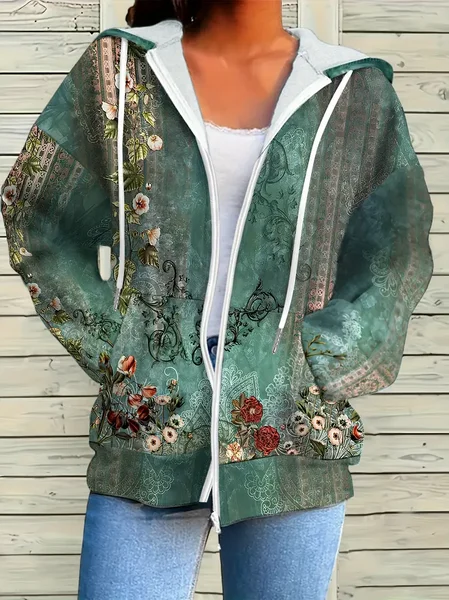 

Women Spring/Fall Outerwear Casual Printing Floral Long Sleeve Hoodie Jacket, Green, Coats