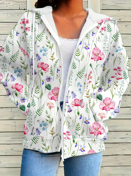 

Women Spring/Fall Outerwear Casual Printing Floral Long Sleeve Hoodie Jacket, White, Coats
