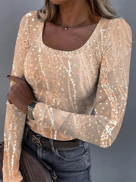 

Casual Striped U-Neck Long Sleeve T-shirt, Beige, T-shirts