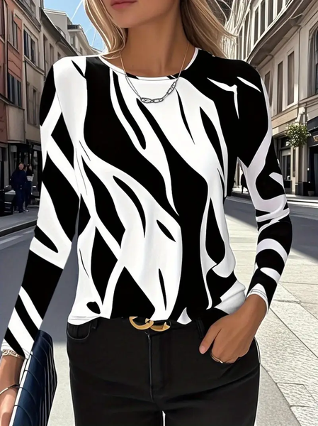 

Women Abstract Long Sleeve Tee T-shirt Crew Neck Printing Casual Spring/Fall Graphic Tee Top, Black-white, T-Shirts