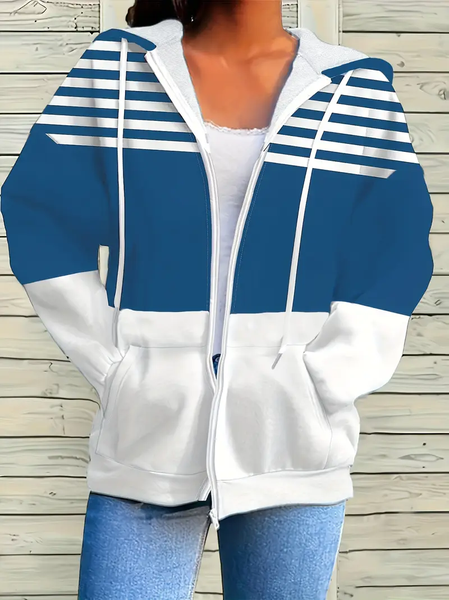 

Women Spring/Fall Outerwear Casual Printing Striped Long Sleeve Hoodie Jacket, Lake blue, Coats