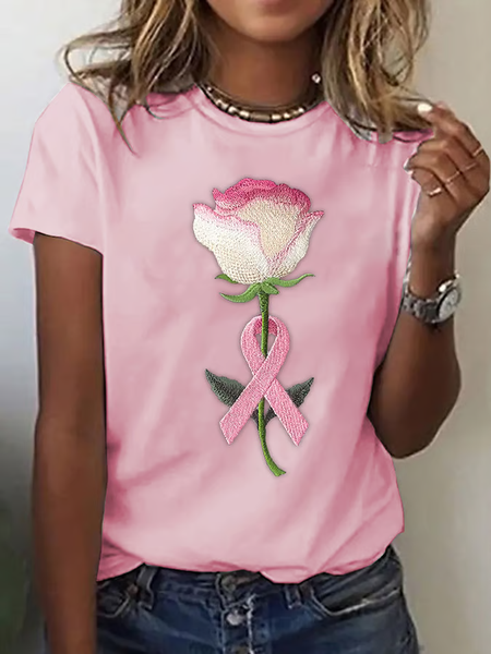 Women Pink Ribbon Floral Print Short Sleeve Tee T-shirt Crew Neck Casual Summer Graphic Tee Top