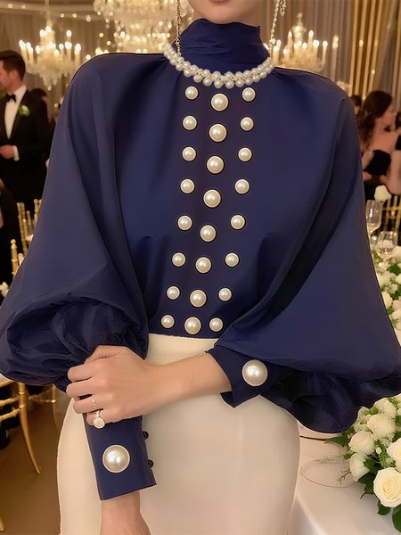Satin Elegant Plain Imitation Pearls Mock Neck Balloon Sleeve Blouse