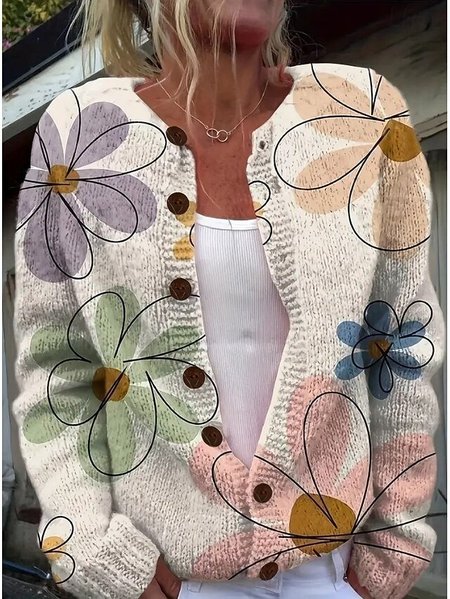 

Women Floral Casual Spring/Fall Wool/Knitting Cardigan, As picture, Cardigans