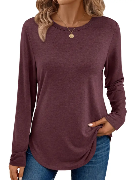

Women Plain Color Crew Neck Casual Long Sleeve T-shirt, Burgundy, Long Sleeves