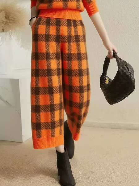 

Casual Plaid Straight Pants, Orange, Pants