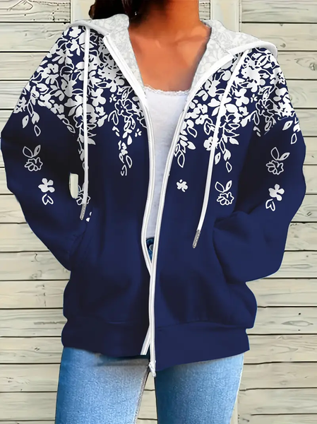 

Women Spring/Fall Outerwear Casual Printing Floral Long Sleeve Hoodie Jacket, Navyblue, Coats