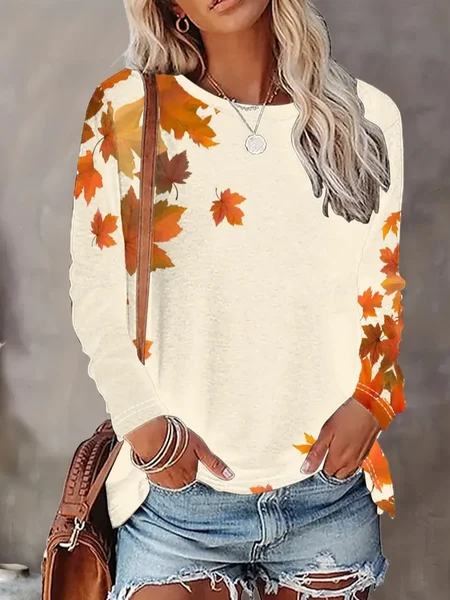 

Casual Maple Leaf Crew Neck Long Sleeve T-shirt, Apricot, T-shirts