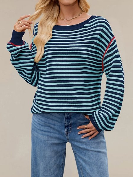 

Women Striped Split Joint Winter Street Long Sleeve Crew Neck Sweater, Navyblue, Sweaters
