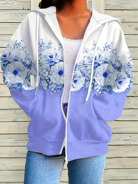 

Women Spring/Fall Outerwear Casual Printing Floral Long Sleeve Hoodie Jacket, Blue, Coats
