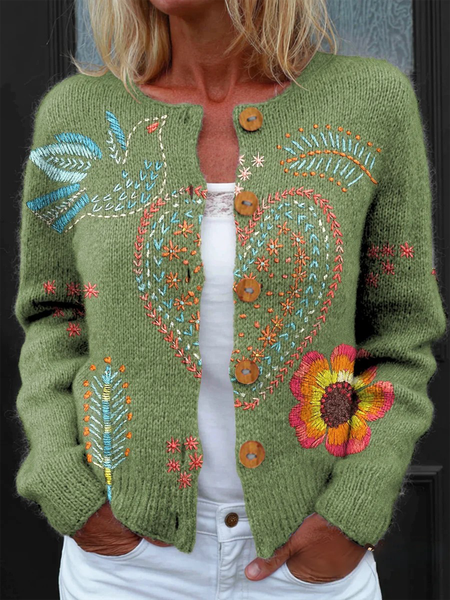 

Women Knitted Floral Long Sleeve Comfy Vintage Cardigan, Color2, Cardigans