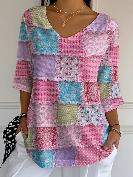 

Women Floral Three Quarter Sleeve Tee T-shirt V Neck Printing Casual Spring/Fall Graphic Tee Top, Pink, T-Shirts