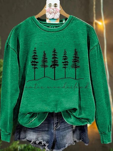 Vintage Crew Neck Christmas Tree Art Print Sweatshirt