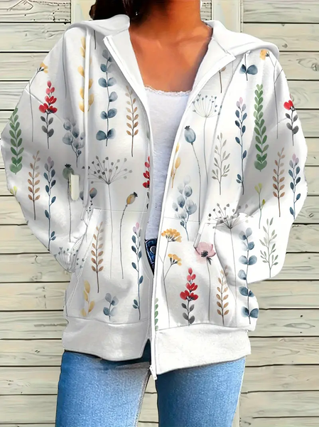 

Women Spring/Fall Outerwear Casual Printing Floral Long Sleeve Hoodie Jacket, White, Coats