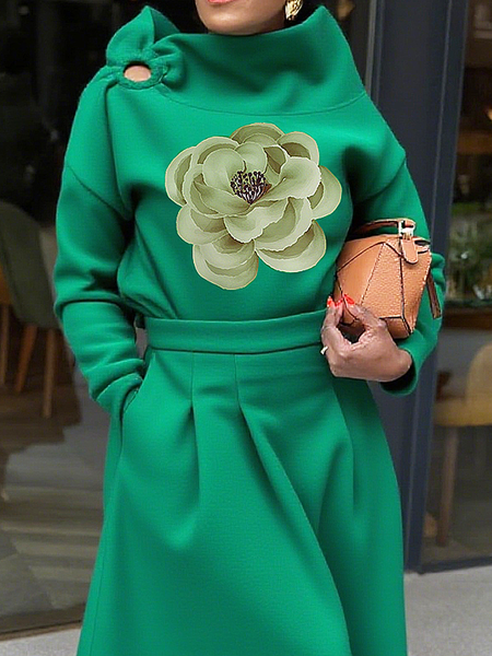 

Casual Floral Printing Stand Collar Blouse, Green, Blouses and Shirts