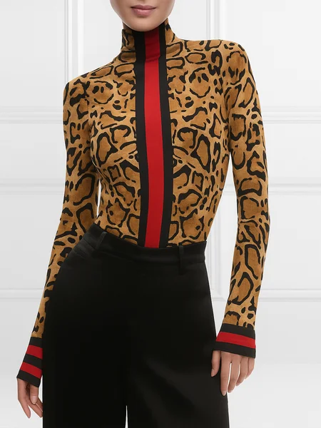 

Casual Leopard Printing Mock Neck T-shirt, Brown, Tees