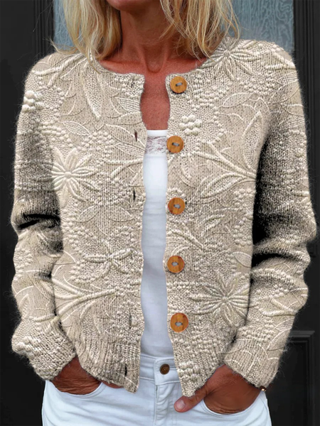 

Women Knitted Floral Long Sleeve Comfy Vintage Cardigan, Oatmeal, Cardigans