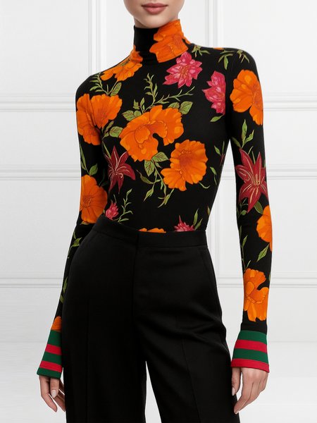 

Casual Floral Printing Mock Neck T-shirt, Orange, Tees