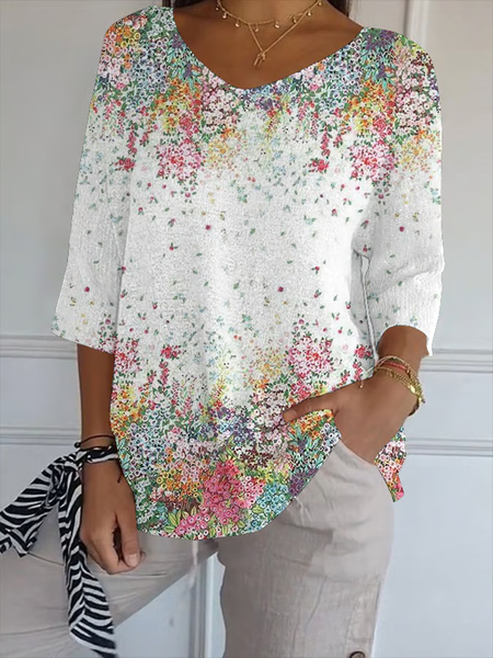 

Casual Floral V Neck Three Quarter Sleeve T-shirt, White, T-shirts