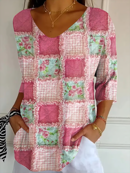 

Casual Floral V Neck Three Quarter Sleeve T-shirt, Pink, T-shirts